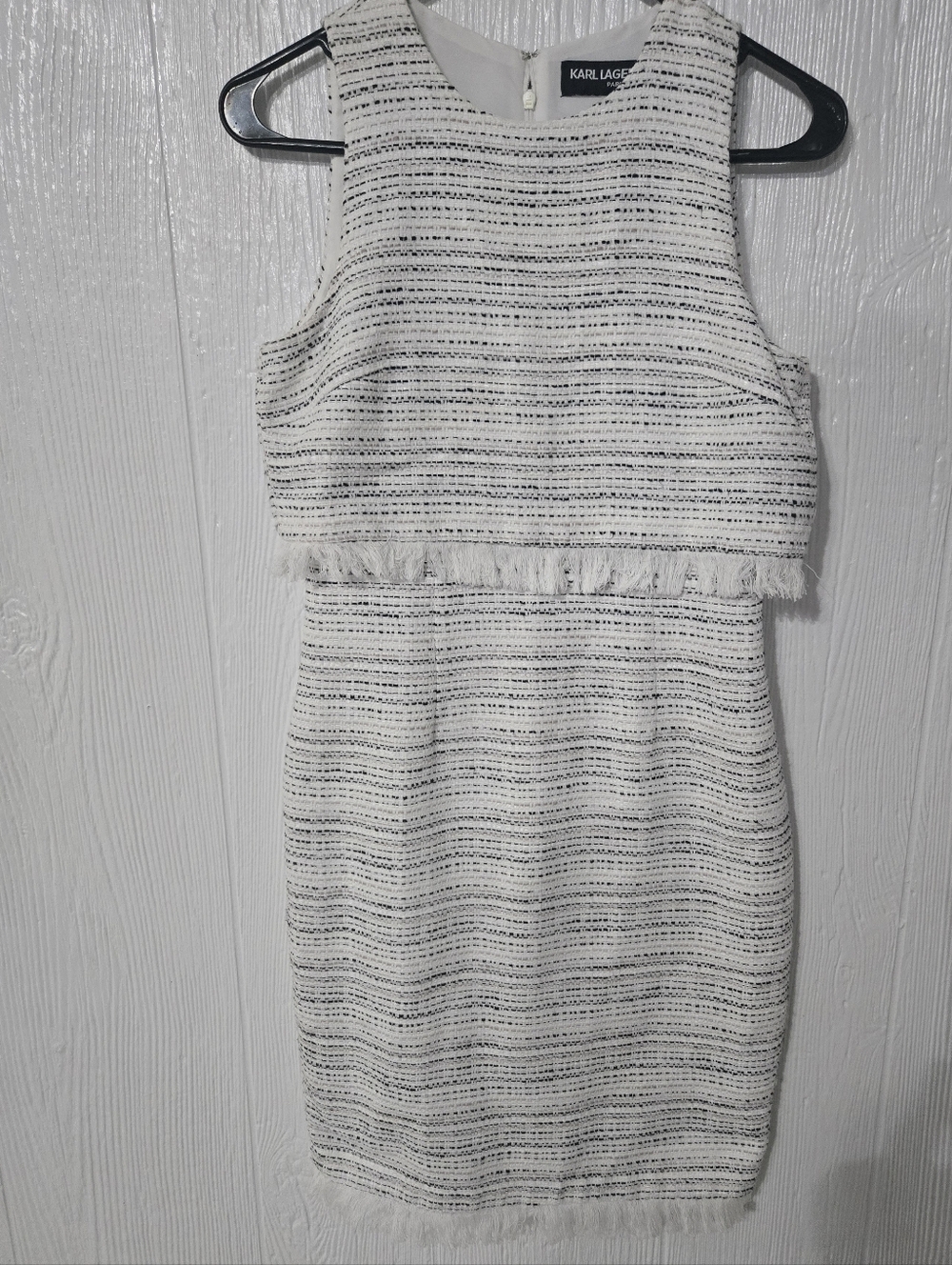 Karl Lagerfeld Paris Women’s Size 2 Tweed Sheath Dress White Black Fringe...